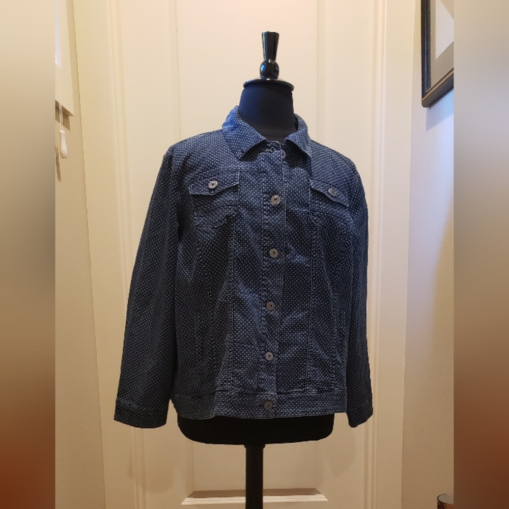 CJ Banks Polka Dot Blue Brushed Denim Jacket for Women